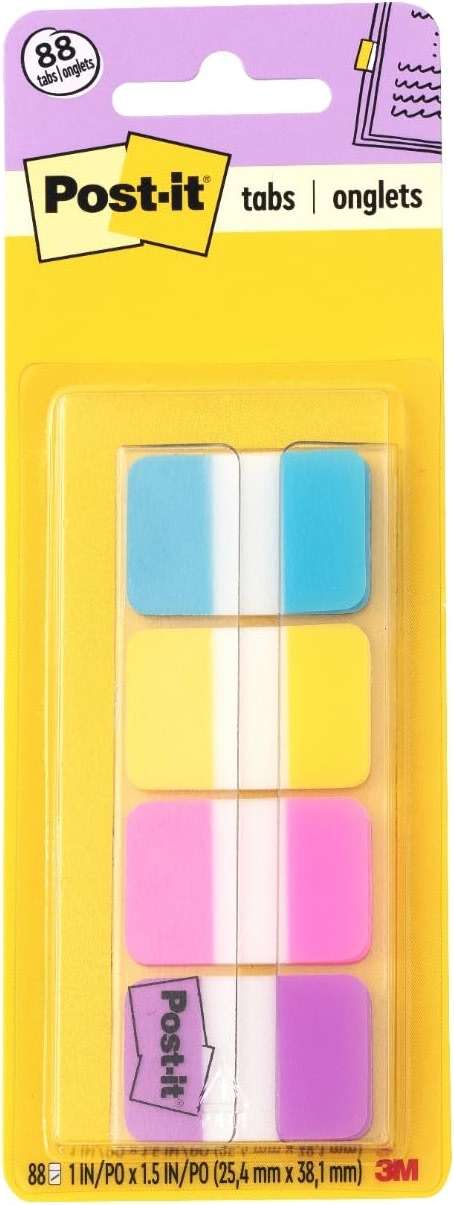 Post-it Sticky Tabs, 1 in. x 1.5 in., 4 Pads of Book Tabs in Assorted Bright Colors for Bookmarking, Annotating, Reading, and Reminders, Blue, Yellow, Pink, and Purple (88 Total Count) - Image 1