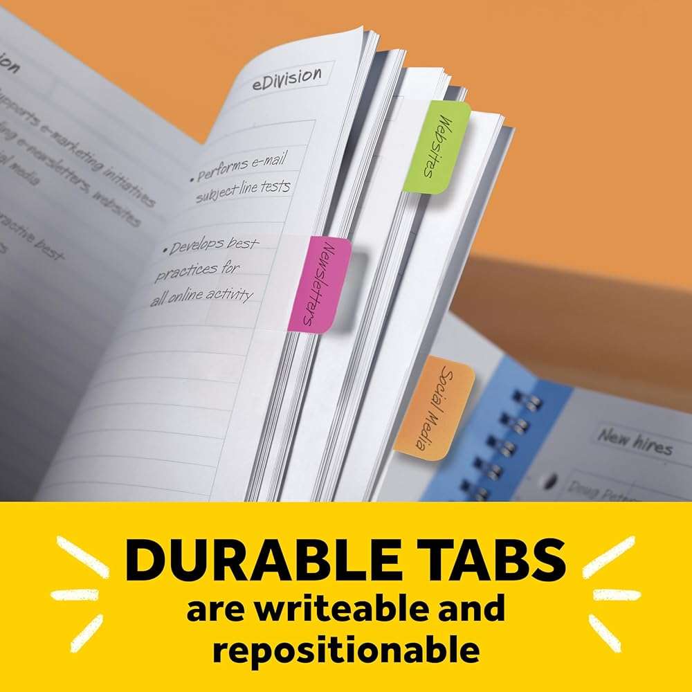 Post-it Sticky Tabs, 1 in. x 1.5 in., 4 Pads of Book Tabs in Assorted Bright Colors for Bookmarking, Annotating, Reading, and Reminders, Blue, Yellow, Pink, and Purple (88 Total Count) - Image 6