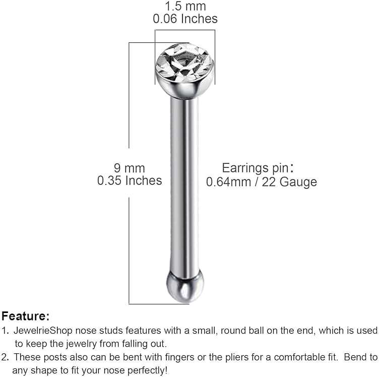 JEWELRIESHOP 40pcs Nose Studs Stainless Steel CZ Nose Rings Pins Piercing Jewelry Bone Studs for Women Men Hypoallergenic 22G - Image 4