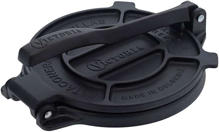 Victoria 8 Inches Cast Iron Tortilla Press, Roti Maker and Tortilladora, Pataconera Seasoned with Flaxseed Oil, Made in Colombia, Traditional Style, Black - Image 1