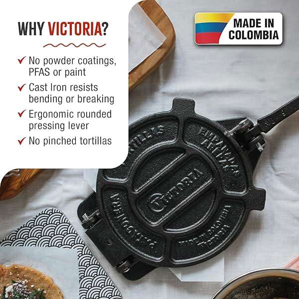 Victoria 8 Inches Cast Iron Tortilla Press, Roti Maker and Tortilladora, Pataconera Seasoned with Flaxseed Oil, Made in Colombia, Traditional Style, Black - Image 2