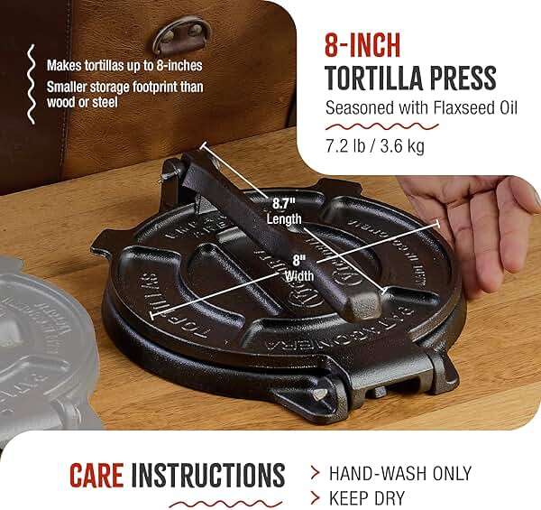 Victoria 8 Inches Cast Iron Tortilla Press, Roti Maker and Tortilladora, Pataconera Seasoned with Flaxseed Oil, Made in Colombia, Traditional Style, Black - Image 6