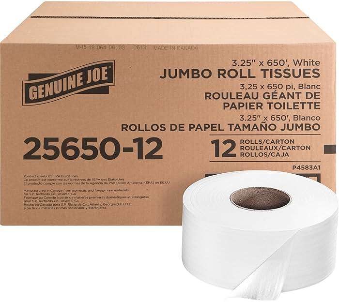 Genuine Joe Jumbo Roll Bath Tissue - 2-Ply White Toilet Paper, 3.3" x 650' per Roll, 12 Count Bulk Pack, Recycled Fiber, Commercial Grade for Dispensers - Image 1