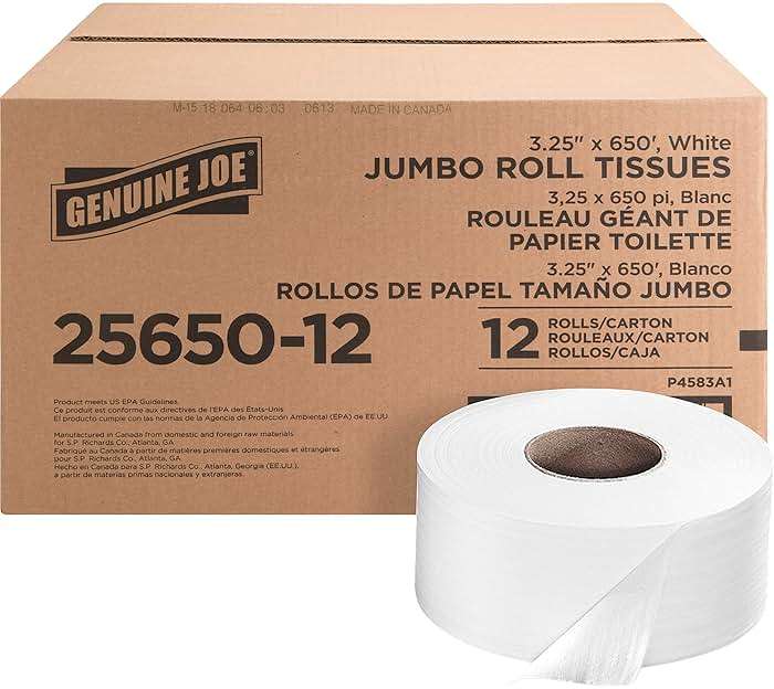 Genuine Joe Jumbo Roll Bath Tissue - 2-Ply White Toilet Paper, 3.3" x 650' per Roll, 12 Count Bulk Pack, Recycled Fiber, Commercial Grade for Dispensers - Image 2