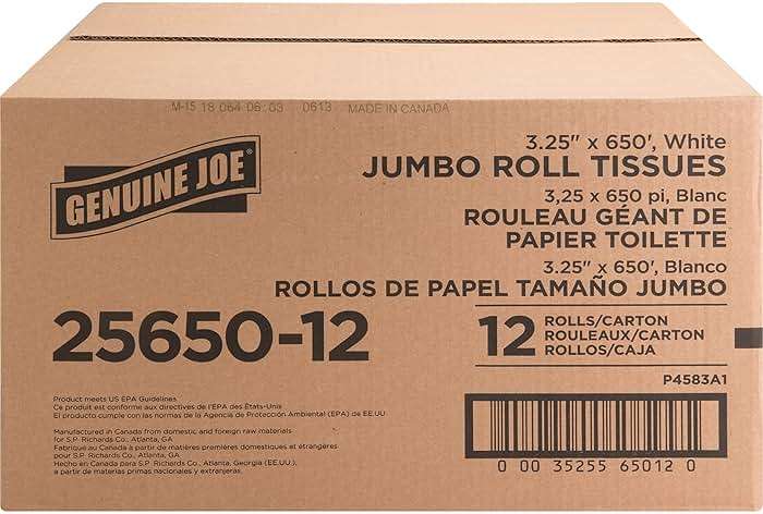Genuine Joe Jumbo Roll Bath Tissue - 2-Ply White Toilet Paper, 3.3" x 650' per Roll, 12 Count Bulk Pack, Recycled Fiber, Commercial Grade for Dispensers - Image 9