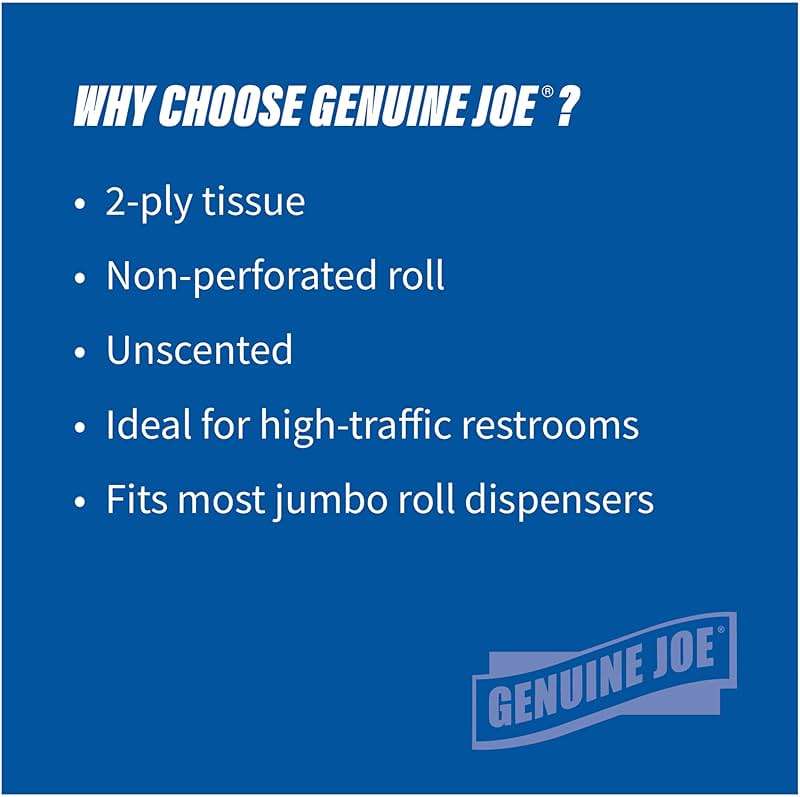 Genuine Joe Jumbo Roll Bath Tissue - 2-Ply White Toilet Paper, 3.3" x 650' per Roll, 12 Count Bulk Pack, Recycled Fiber, Commercial Grade for Dispensers - Image 10