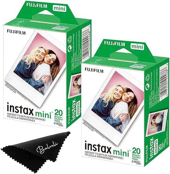 Fujifilm Instax Mini Film Two Instant Film Twin Packs - 40 EXP Total, ISO 800, Compatible to Mini Evo, Mini 40, 12, 11, 9, Bundeld with Premium Balveli Microfiber Cloth - Image 1