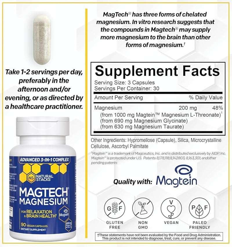 MagTech Magnesium Complex for Women & Men - 3 Forms of Magnesium: Glycinate, Magtein L-Threonate & Taurate - 200mg Chelated Complex - Support for Relaxation & Brain Health - 90 Glycinate Capsules - Image 2