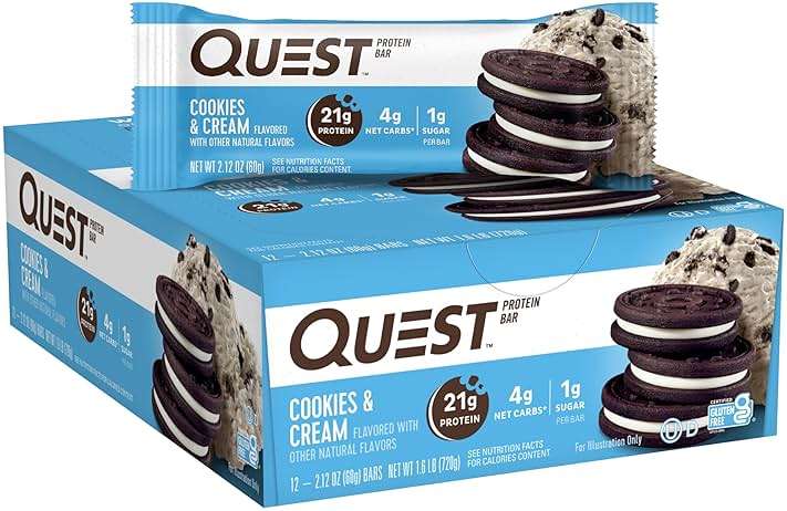 Quest Nutrition Cookies & Cream Protein Bars, 21g Protein, 1g Sugar, 4g Net Carb, High Fiber, Gluten Free, Keto Friendly, 12 Count - Image 1