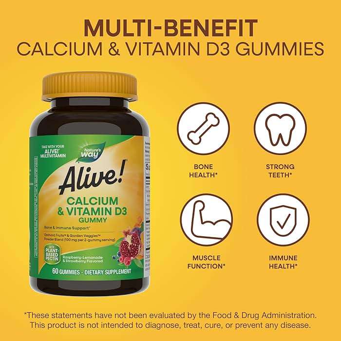 Nature’s Way Alive! Chewable Calcium Gummies with Vitamin D3, Daily Supplement Supports Healthy Bones and Teeth, and Muscle Function*, Strawberry and Raspberry-Lemonade Flavored, 60 Gummies - Image 3