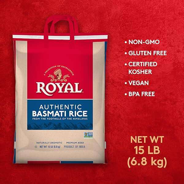 Royal Basmati Rice - Authentic Long Grain White Basmati Rice - 15 lb Bag - Perfect for Biryanis, Pilafs & Curries - Cook in Microwave or on Stove Top - Image 3