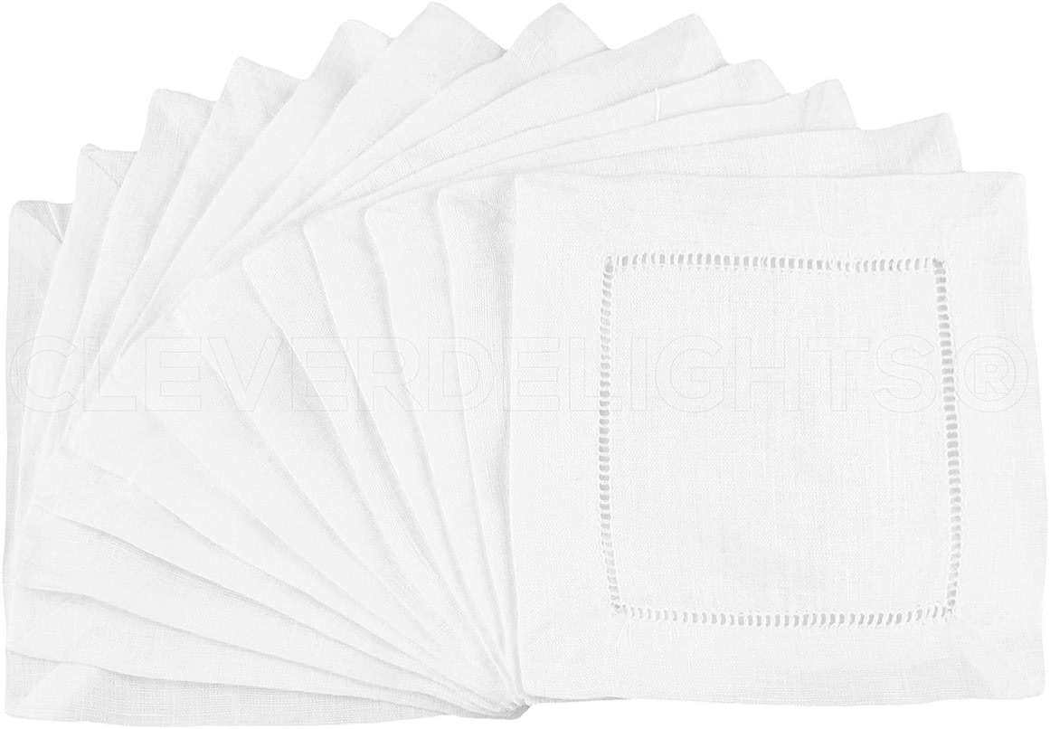 CleverDelights White Hemstitch 6" Cocktail Napkins - 12 Pack - 55/45 Linen Cotton Blend - Image 1