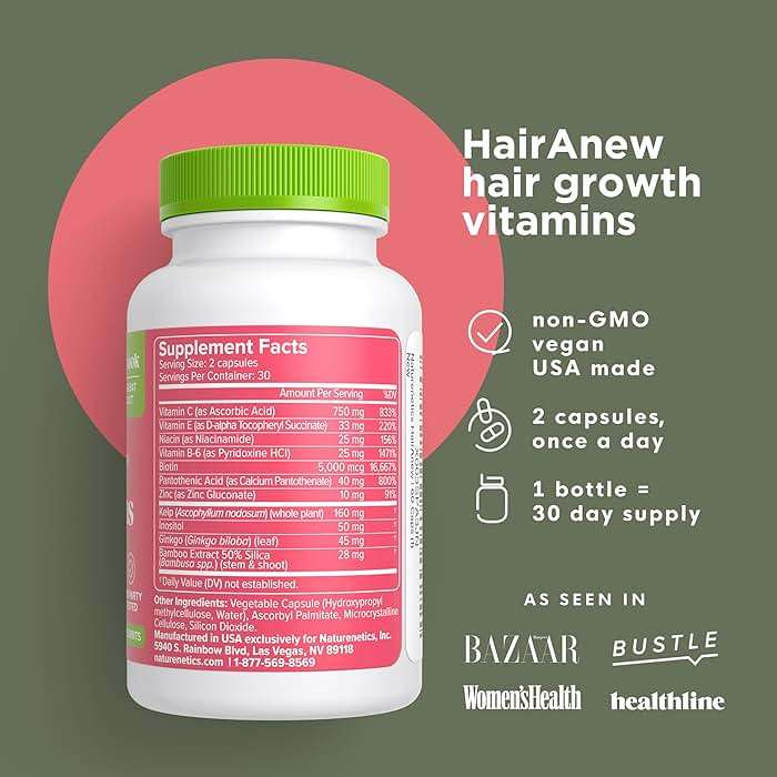 Hair Growth Vitamins for Women & Men for Faster Hair Growth, Vegan, 60 Capsules - 11 Ingredients & 5000mcg Biotin for Thicker Fuller Stronger Locks + Skin & Nail Health - Naturenetics HairAnew - Image 3