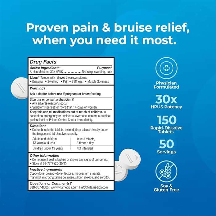 VitaMedica Arnica Montana 30X Rapid Dissolve Arnica Tablets for Natural Pain, Bruising, and Swelling Support - Homeopathic Medicine for Injury and Surgery Recovery - 150 Ct - 50 Servings - Image 4