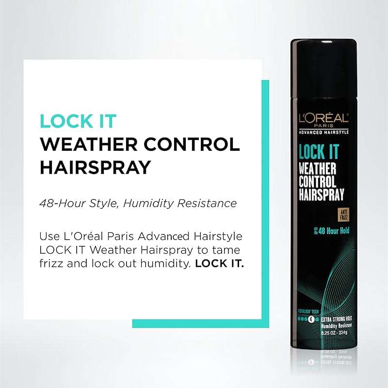L'Oreal Paris LOCK IT Weather Control Hairspray, 48-Hour Extra Strong Hold Formula with Humidity Resistant Frizz Control, Lightweight Finishing Spray for All Hair Types, 8.25 oz - Image 2