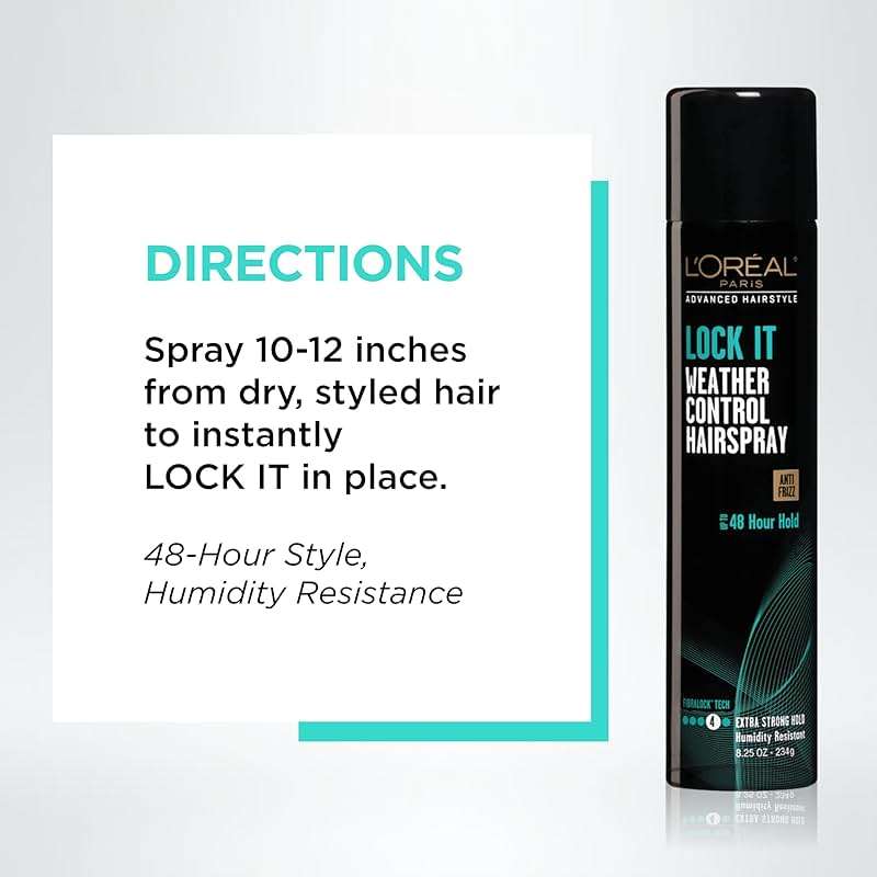 L'Oreal Paris LOCK IT Weather Control Hairspray, 48-Hour Extra Strong Hold Formula with Humidity Resistant Frizz Control, Lightweight Finishing Spray for All Hair Types, 8.25 oz - Image 4