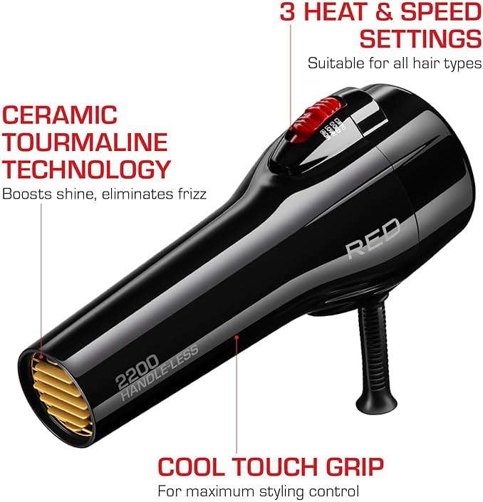 RED by Kiss Handle-Less 2200W Ceramic Tourmaline Hair Dryer, 3 Heat Settings, Pro Blow Dryer with Comb Attachment, Ionic for Frizz-Free Shine, Detangler & Straightening for 4C - Image 3
