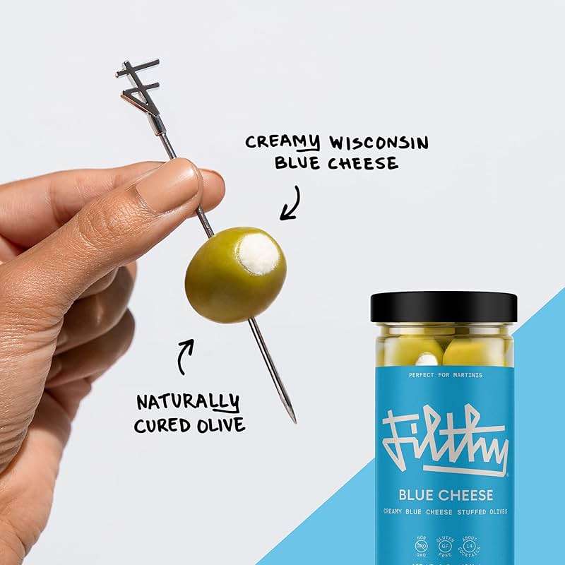 Filthy Blue Cheese Stuffed Olives, Premium Cocktail Garnish, Blue Cheese Stuffed Olives, Naturally Cured Queen Olives Stuffed With Real Wisconsin Blue Cheese for Martinis, 8.5 Oz Jar, 14 Olives - Image 4