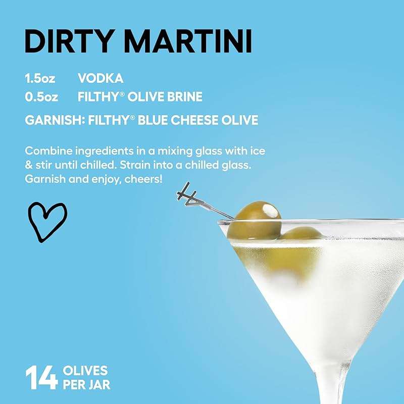 Filthy Blue Cheese Stuffed Olives, Premium Cocktail Garnish, Blue Cheese Stuffed Olives, Naturally Cured Queen Olives Stuffed With Real Wisconsin Blue Cheese for Martinis, 8.5 Oz Jar, 14 Olives - Image 5