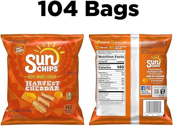 SunChips 100% Whole Grain Chips, Harvest Cheddar, 1 oz Bags, Pack of 104, No Artificial Flavors, No Colors from Artificial Sources - Image 2