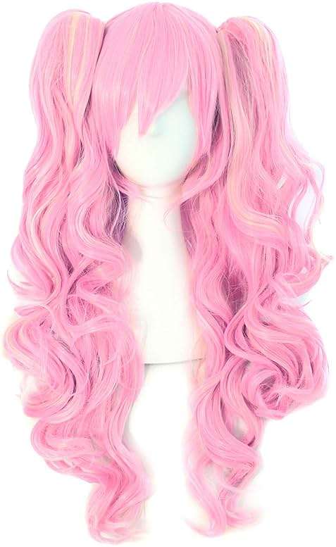 MapofBeauty Multi-color Lolita Long Curly Clip on synthetic Ponytails Cosplay Wig (Pink/Blonde) - Image 1
