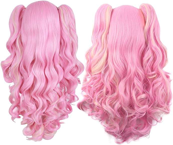 MapofBeauty Multi-color Lolita Long Curly Clip on synthetic Ponytails Cosplay Wig (Pink/Blonde) - Image 3