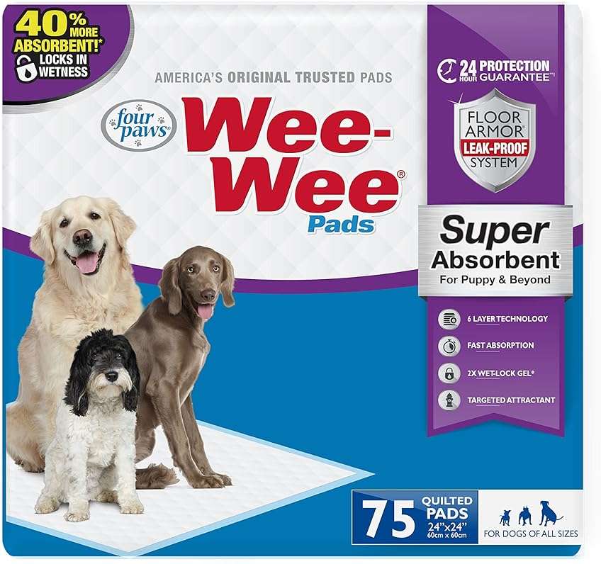 Four Paws Wee-Wee Super Absorbent Unscented Pee Pads for Dogs & Puppies with Insta-Rise Border, Leak-Proof Dog Housebreaking Potty Training Floor Protection, 24" x 24", 75 Count (Packaging May Vary) - Image 1