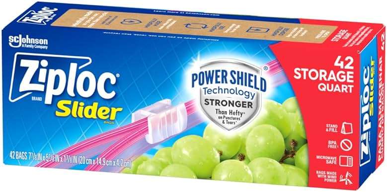 Ziploc Quart Food Storage Slider Bags, Power Shield Technology for More Durability, 42 Count - Image 1