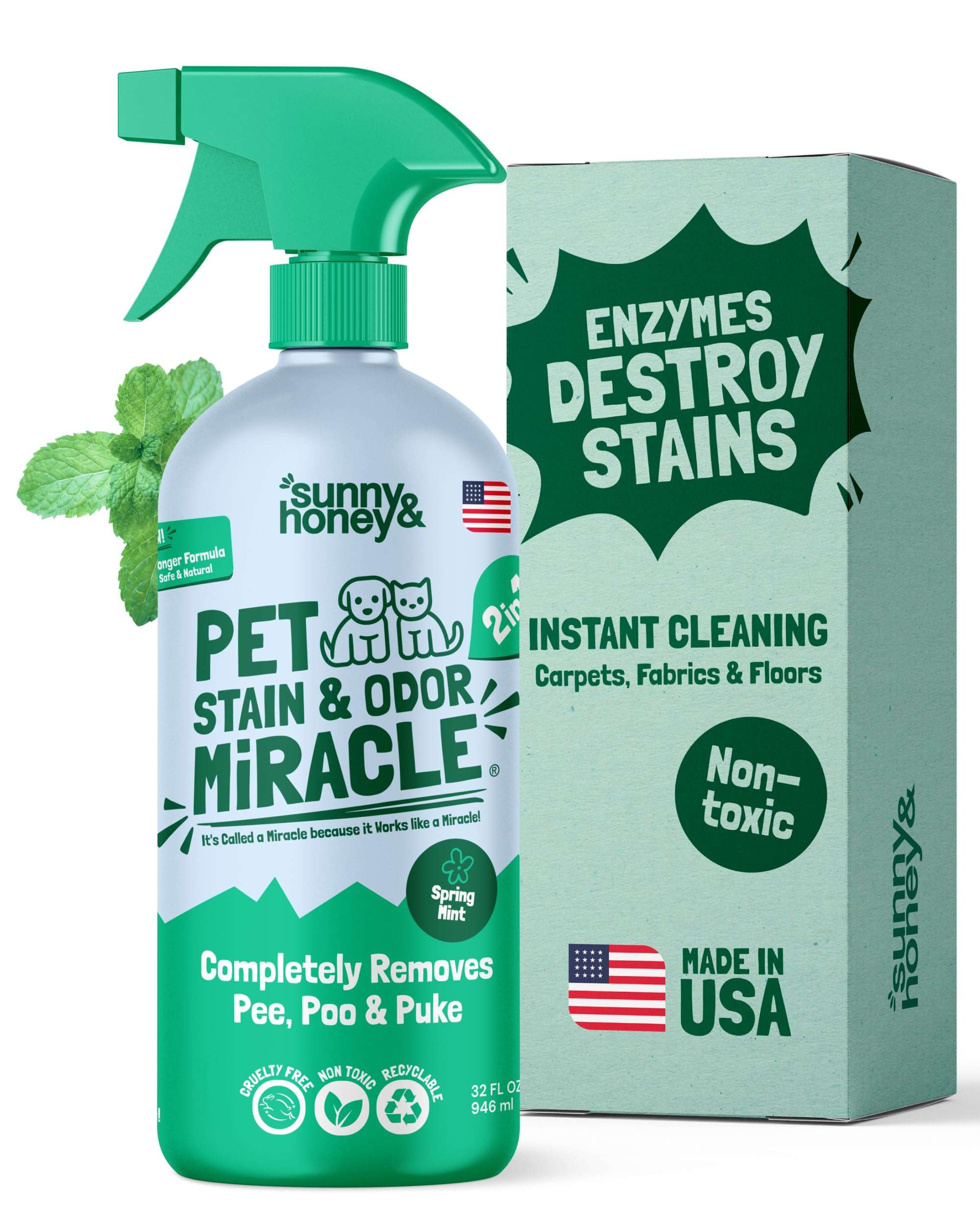 Sunny & Honey Pet Stain and Odor Remover - Enzyme Cleaner for Dog Urine and Poop on Carpets and Furniture - Strong Pet Carpet Cleaner Spray (32fl oz Mint) - Image 1