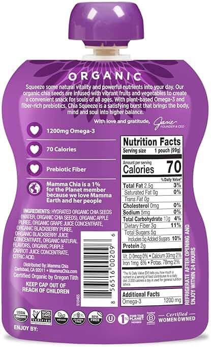 Mamma Chia Organic Vitality Squeeze Snack, Blackberry Bliss, 24- 3.5 Ounce Chia Pouches. USDA Organic, Non-GMO, Vegan, Gluten Free, and Kosher. Fruit and Vegetables with only 70 Calories - Image 2