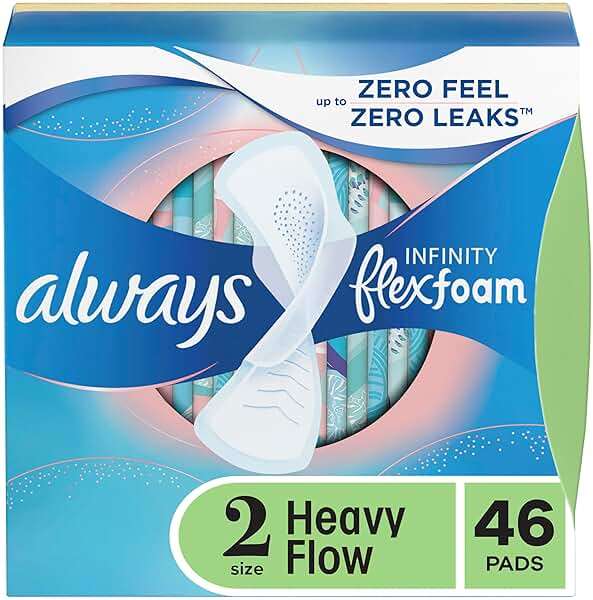 Always Infinity Feminine Pads for Women, Flexfoam Pads with Wings, Size 2, Heavy Absorbency, Unscented, 46 Count - Image 1