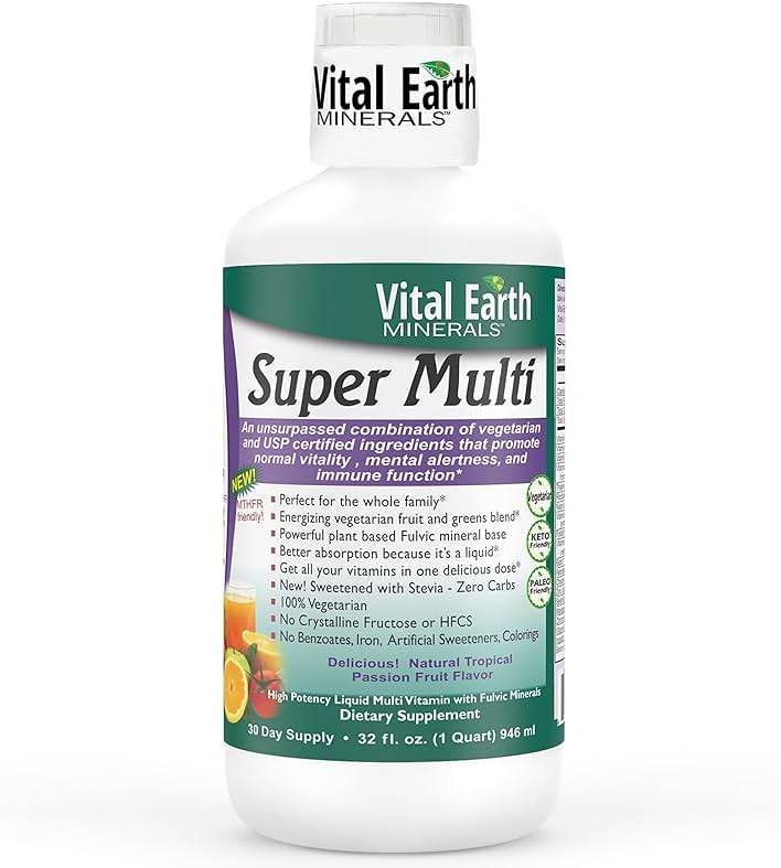 Vital Earth Minerals Super Multi – Liquid Multivitamins for Women, Men & Kids, Liquid Vitamins with Fulvic Acid for Better Absorption, MTHFR Support, 32 Oz + 1 Oz Cup - Image 1