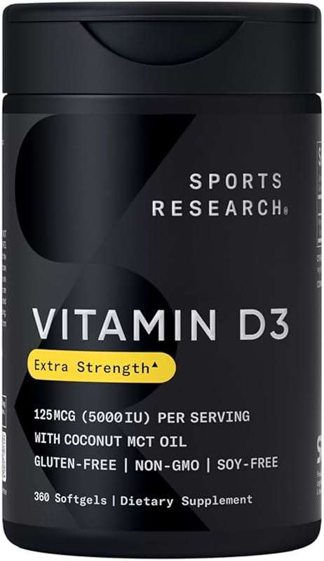 Sports Research Vitamin D3 5000 IU with Coconut MCT Oil - High Potency Vitamin D Supplement for Immune & Bone Support - Non-GMO Verified, Gluten & Soy Free – 125mcg, 360 Liquid Softgels - Image 1