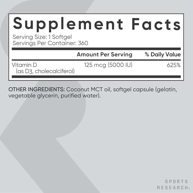 Sports Research Vitamin D3 5000 IU with Coconut MCT Oil - High Potency Vitamin D Supplement for Immune & Bone Support - Non-GMO Verified, Gluten & Soy Free – 125mcg, 360 Liquid Softgels - Image 5