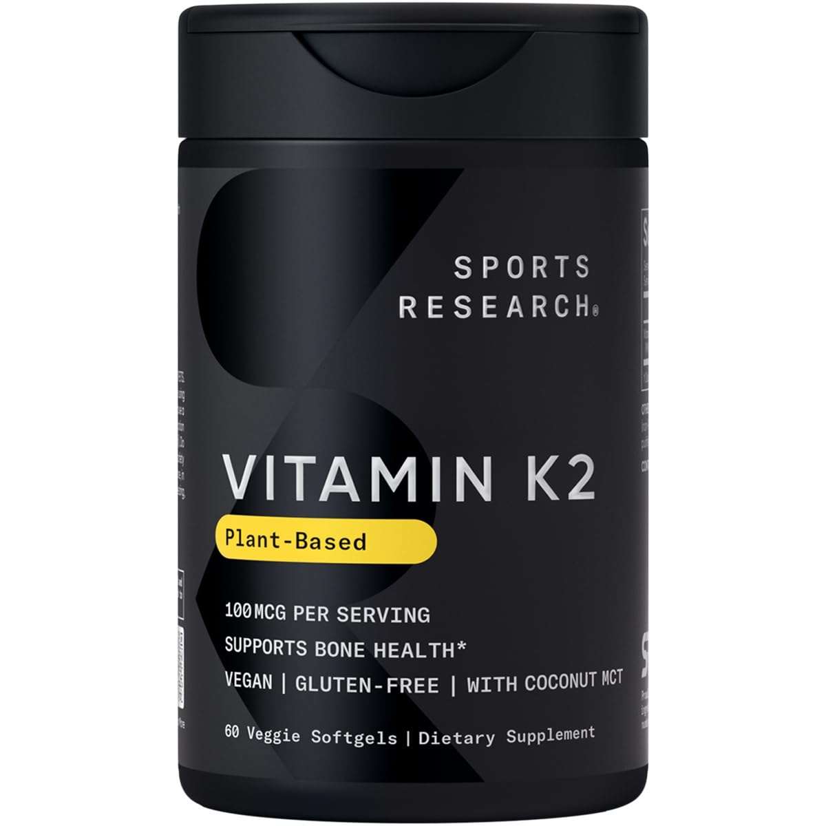 Sports Research® Vitamin K2 as MK-7 100mcg with Coconut MCT Oil - 60 Veggie Softgels (2 Month Supply) Vegan Certified, Non-GMO Verified, Gluten & Soy Free - Image 1