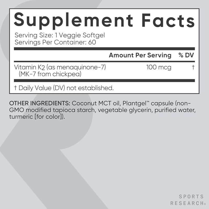 Sports Research® Vitamin K2 as MK-7 100mcg with Coconut MCT Oil - 60 Veggie Softgels (2 Month Supply) Vegan Certified, Non-GMO Verified, Gluten & Soy Free - Image 5