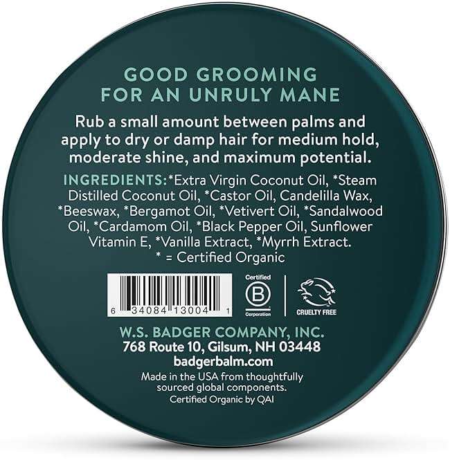 Badger Hair Pomade for Men, Organic, Easy to Use, Subtle Masculine Scent, Medium Hold Hair Pomade with Medium Shine Finish, Nourishes Hair & Scalp 2 oz Tin - Image 2