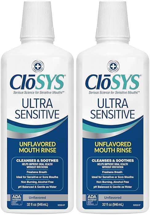 CloSYS Ultra Sensitive Mouthwash, 32 Oz, Pack of 2, Alcohol Free Mouthwash, Unflavored Mouth Wash, Dye Free, pH Balanced, Helps Soothe Entire Mouth - Image 1