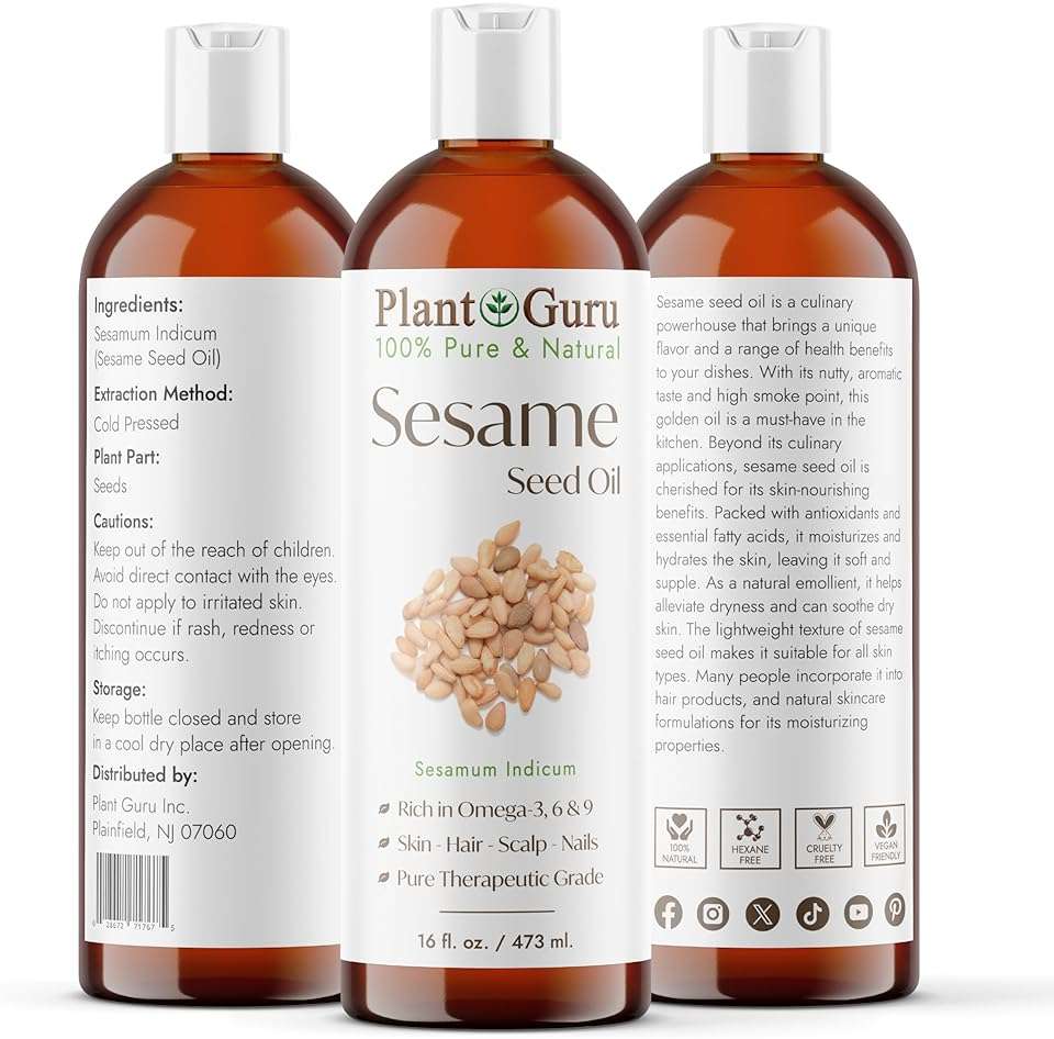 Plant Guru Sesame Seed Oil 16 fl. oz. – Cold Pressed, 100% Pure & Natural Carrier for Skin, Face, Body, Hair, and Cooking. Great for DIY Creams, Lotions, and Lip Balms. - Image 4