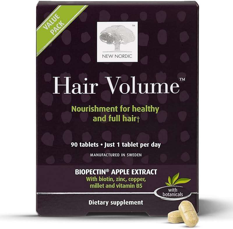 NEW NORDIC Hair Volume Tablets, 3000 mcg Biotin & Biopectin Apple Extract, Hair Vitamins to Support Natural Hair Growth, 90 Count (Pack of 1) - Image 1