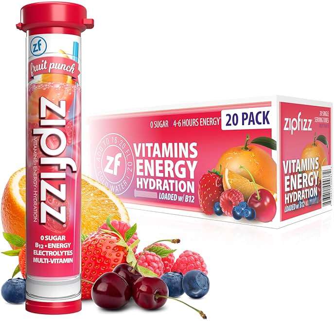 Zipfizz Daily Energy Drink Powder, Fruit Punch, 20 Pack 3-in-1 Sustained Energy, Rapid Hydration, and Essential Vitamins Sugar-Free Electrolyte Powder Contains Vitamin B-12 & Antioxidants - Image 1
