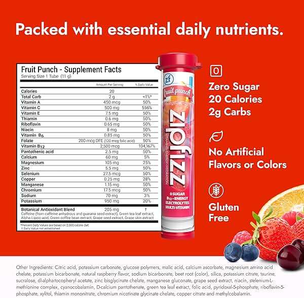 Zipfizz Daily Energy Drink Powder, Fruit Punch, 20 Pack 3-in-1 Sustained Energy, Rapid Hydration, and Essential Vitamins Sugar-Free Electrolyte Powder Contains Vitamin B-12 & Antioxidants - Image 6