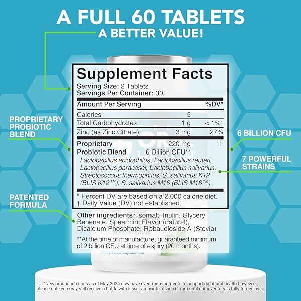 Oral Probiotics for Mouth Bad Breath Treatment for Adults; Dentist Formulated Dental Probiotics for Teeth and Gums Health & Chronic Halitosis with BLIS K12 M18, 60 Chewable Oral Health Tablets Mint - Image 2