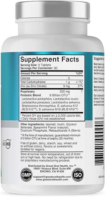 Oral Probiotics for Mouth Bad Breath Treatment for Adults; Dentist Formulated Dental Probiotics for Teeth and Gums Health & Chronic Halitosis with BLIS K12 M18, 60 Chewable Oral Health Tablets Mint - Image 9