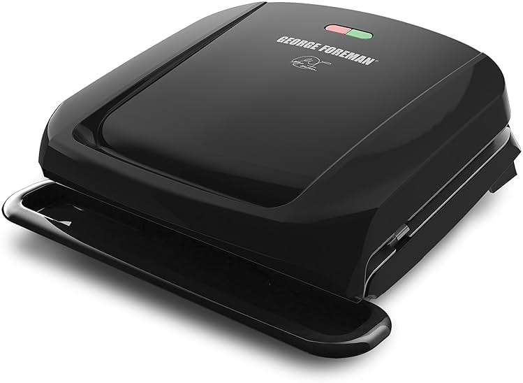 George Foreman 4-Serving Removable Plate Electric Grill and Panini Press, George Tough Non-Stick Coating, Drip Tray Catches Grease, Black - Image 1