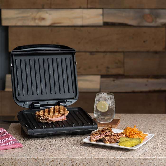 George Foreman 4-Serving Removable Plate Electric Grill and Panini Press, George Tough Non-Stick Coating, Drip Tray Catches Grease, Black - Image 2