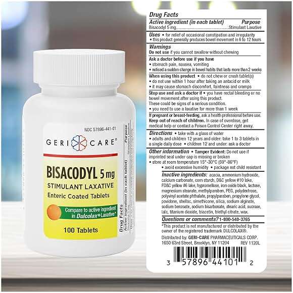 GeriCare Bisacodyl 5 mg Laxative Coated Tablet | Generic for Dulcolax | Stimulant Laxative | Gentle Overnight Constipation Relief 100 Count (Pack of 1) - Image 3