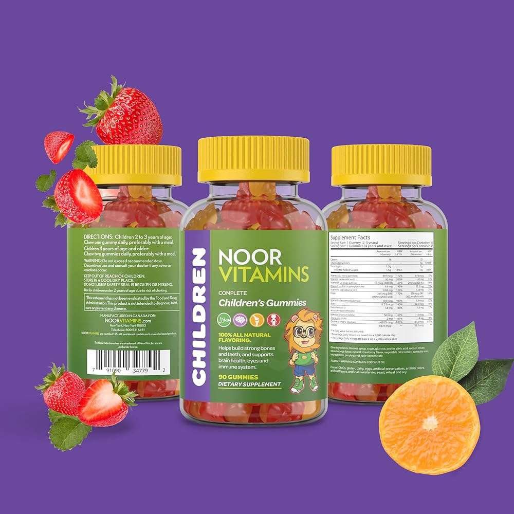 Noor Vitamins Halal Vitamins, Kids Vitamins, Kids Multivitamin Gummies: Vitamin C for Kids, D3, and Zinc for Immunity, B6 B12 for Energy. Gluten Free Halal Gummies, 90 Count Gummy Vitamins for Kid - Image 5