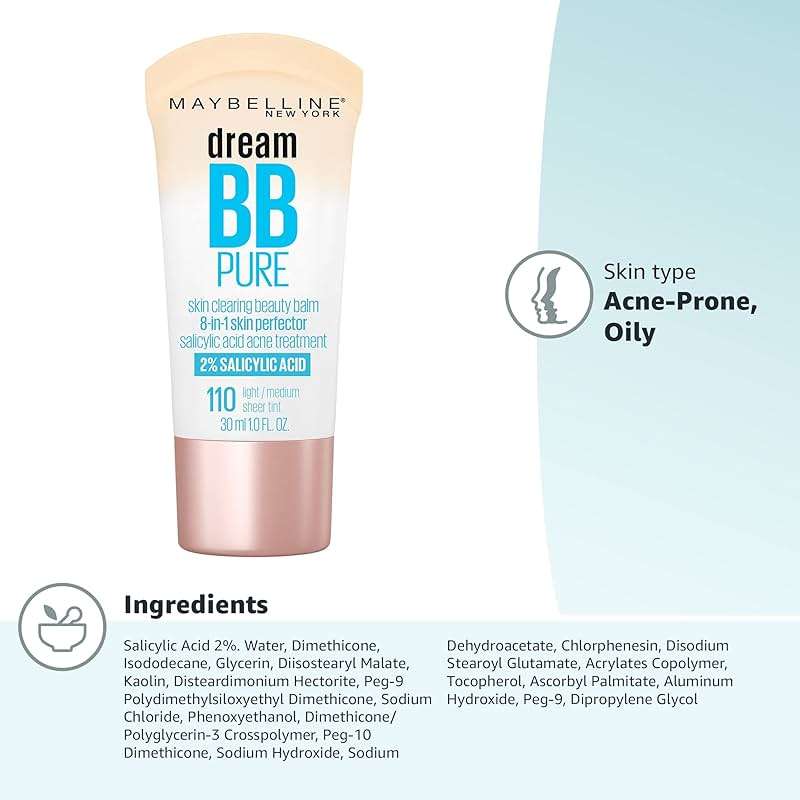 Maybelline Dream Pure Skin Clearing BB Cream, 8-in-1 Skin Perfecting Beauty Balm With 2% Salicylic Acid, Sheer Tint Coverage, Oil-Free, Light/Medium, 1 Count - Image 13