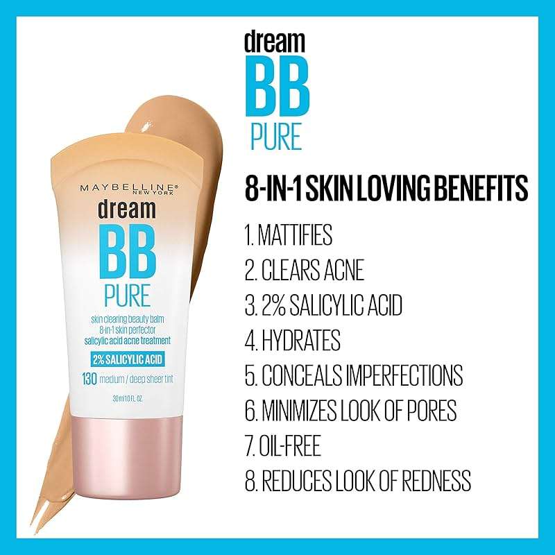 Maybelline Dream Pure Skin Clearing BB Cream, 8-in-1 Skin Perfecting Beauty Balm With 2% Salicylic Acid, Sheer Tint Coverage, Oil-Free, Light/Medium, 1 Count - Image 7